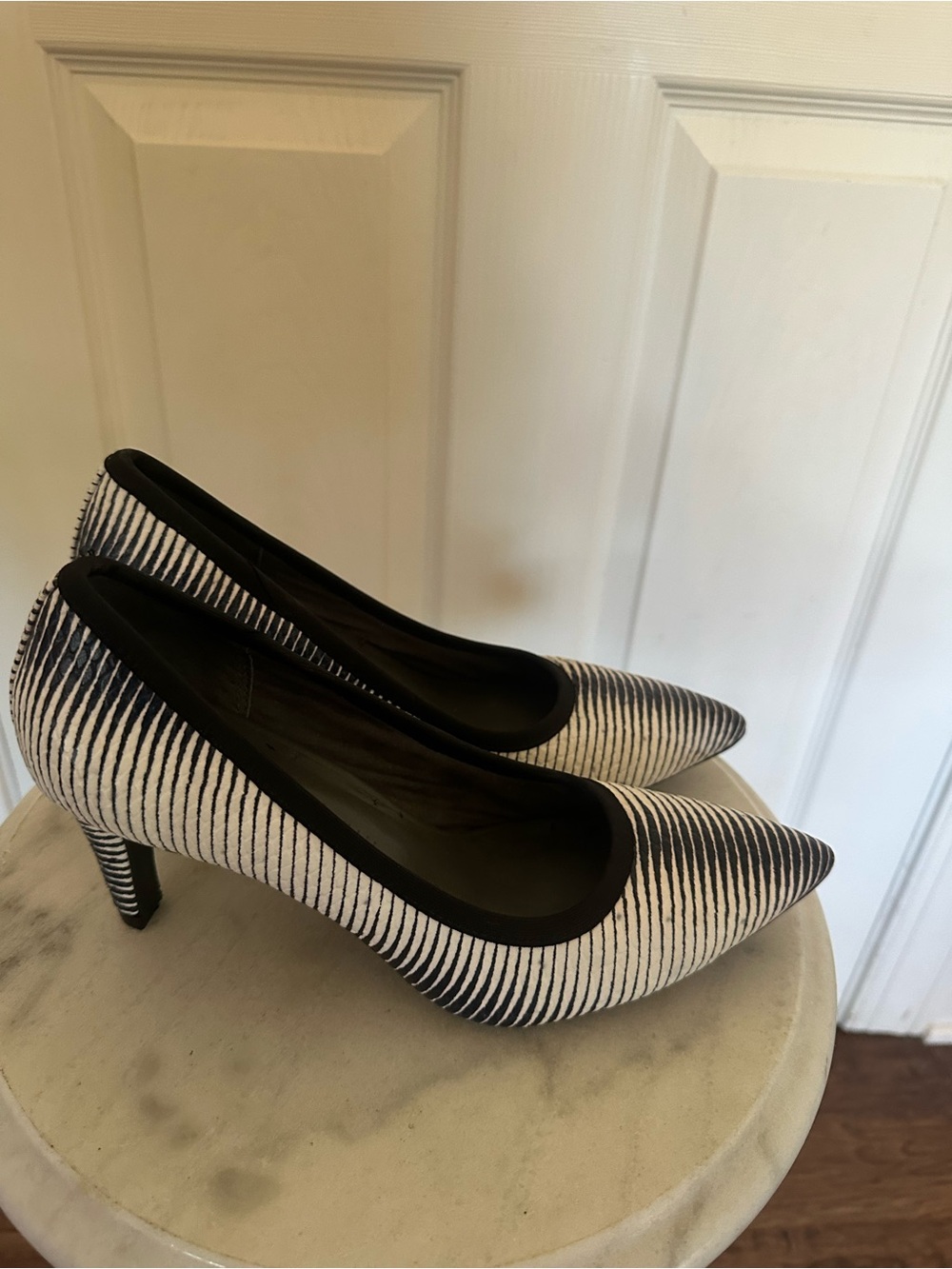LOGO by Lori Goldstein Black and White Striped Pointed-Toe Pumps